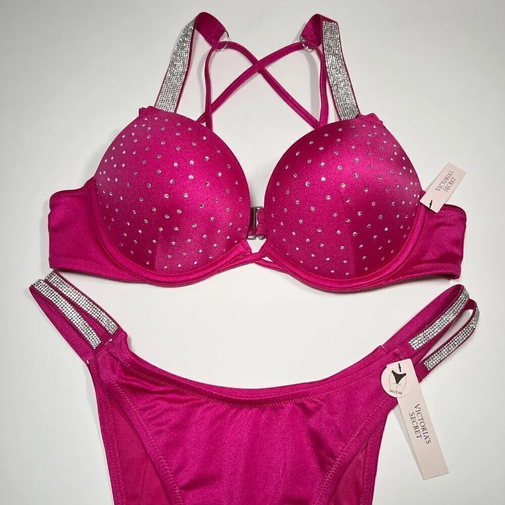 Victoria Secret 36A M Bombshell Push Up Bikini Top Set Shine Strap Berry Blush